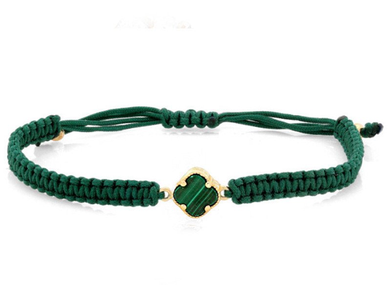 Złota bransoletka sznurkowa 585 z malachitową koniczynką sznurek butelkowa zieleń