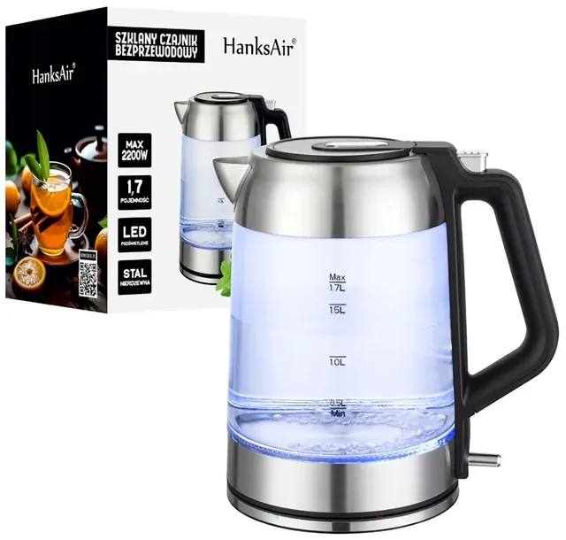 Elegancki Szklany Czajnik Elektryczny 1.7l Hanksair Podświetlenie Led 2200w