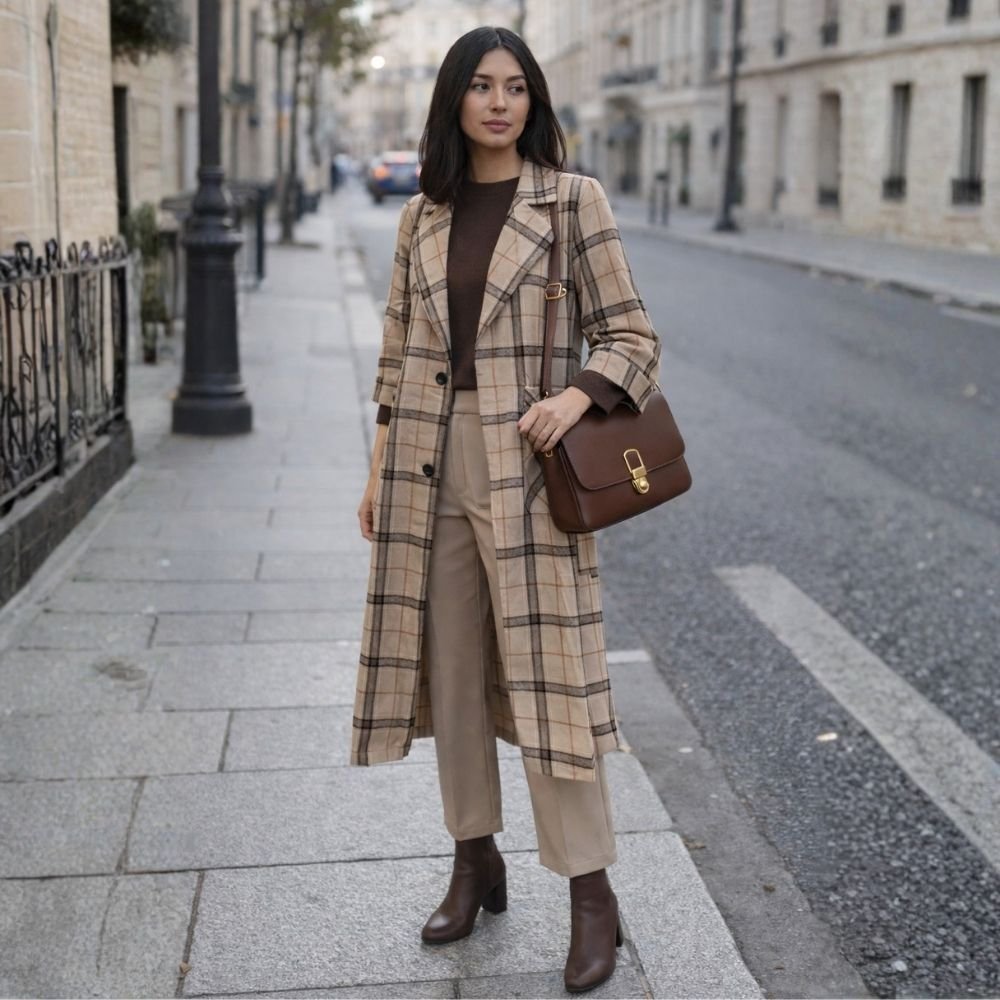 Płaszcz damski koszulowy w kratę oversize beżowo czarny długi One size