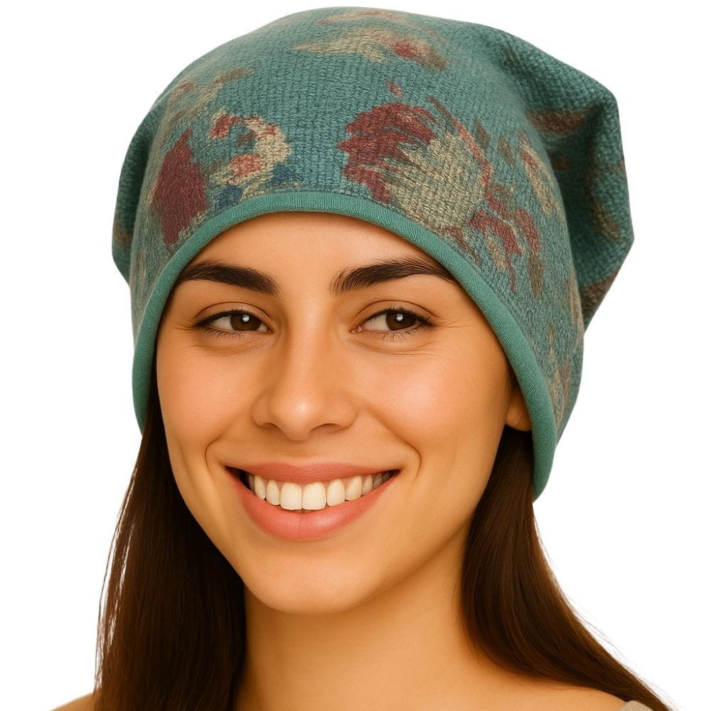 Czapka Damska Beanie Włoska Cienka Smerfetka Zielona Kwiatowa