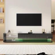 Szafki RTV - Fortuna Lai szafka RTV wysoki połysk niska, szafka RTV 170 cm z oświetleniem LED, z 2 szufladami, szklanymi przegrodami, półką, nowoczesne meble do salonu (czarny) - miniaturka - grafika 1