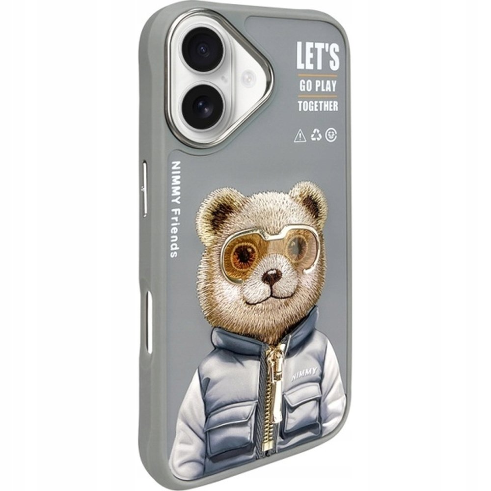 Nimmy Etui Cool&Cute 2.0 Bear do iPhone 16, szare z misiem