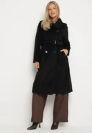 Płaszcze damskie - Czarny Długi Dwurzędowy Płaszcz z Paskiem Senoriel - miniaturka - grafika 1