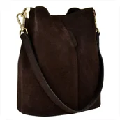 Plecaki worki - Torebka ze skóry naturalnej zamszowej worek brąz czekolada złote okucia - miniaturka - grafika 1