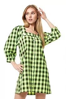 Sukienki - Liquorish Damska neonowa zielona sukienka w kratkę z bufiastymi rękawami w kratę, mini sukienka ślubna, 14 - grafika 1