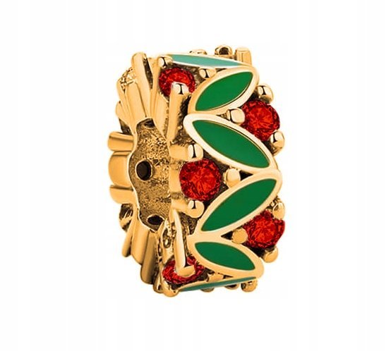 Złoty Charms Liście Czerwone Cyrkonie Listki Kryształki SREBRO 925