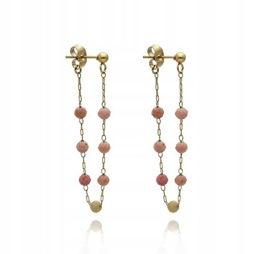 Kolczyki Wiszące Łańcuszki Z Drobnymi Kamieniami Rodonit Różowy Sztyft