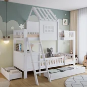 Łóżka dla dzieci i młodzieży - Łóżko piętrowe 2 x 90 x 200 cm z 2 szufladami i stolikiem - Sosna + MDF + sklejka - Stelaż - Biały (bez materaca) - miniaturka - grafika 1