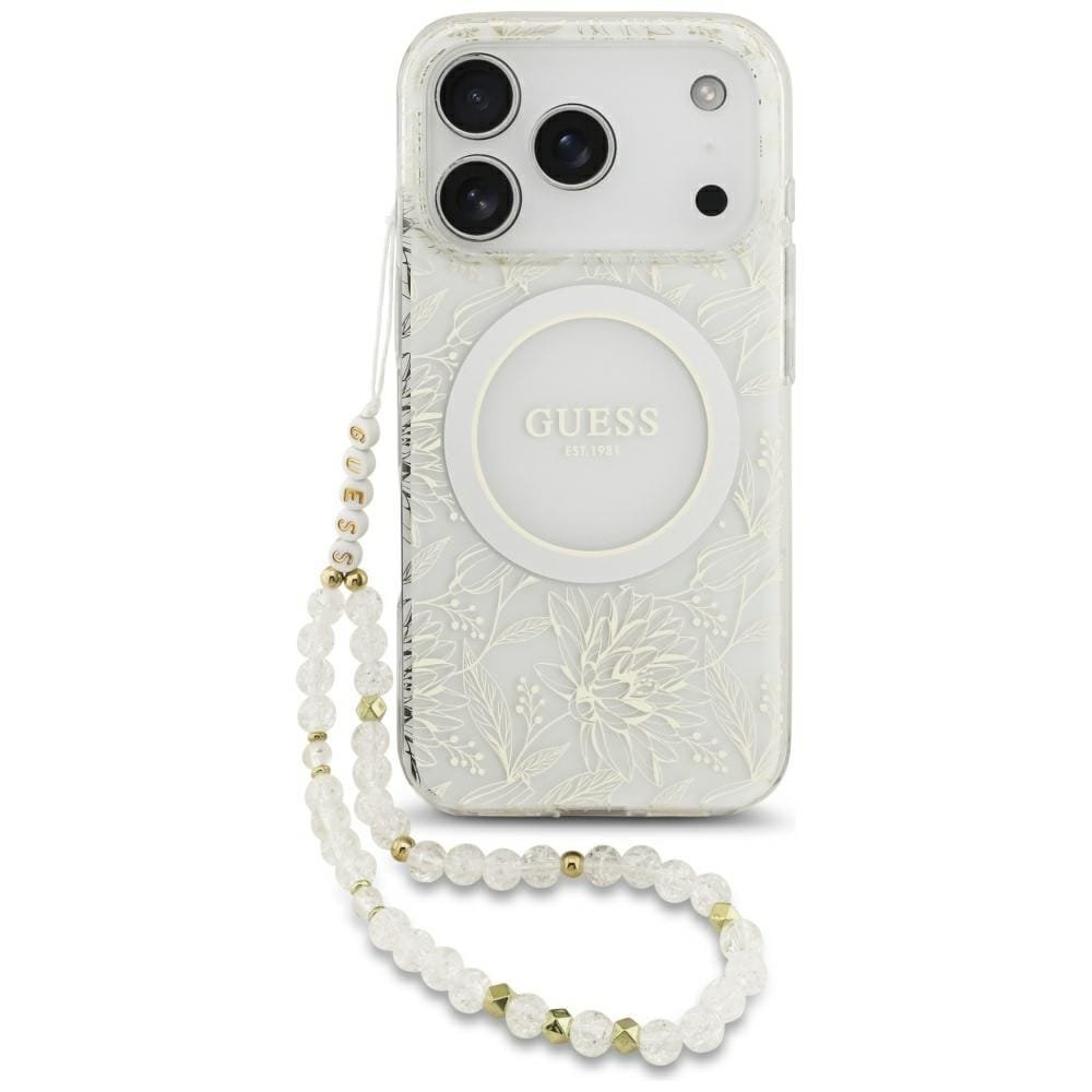 Etui Guess IML Flowers Electro Pearl Strap MagSafe do iPhone 17 Pro biały