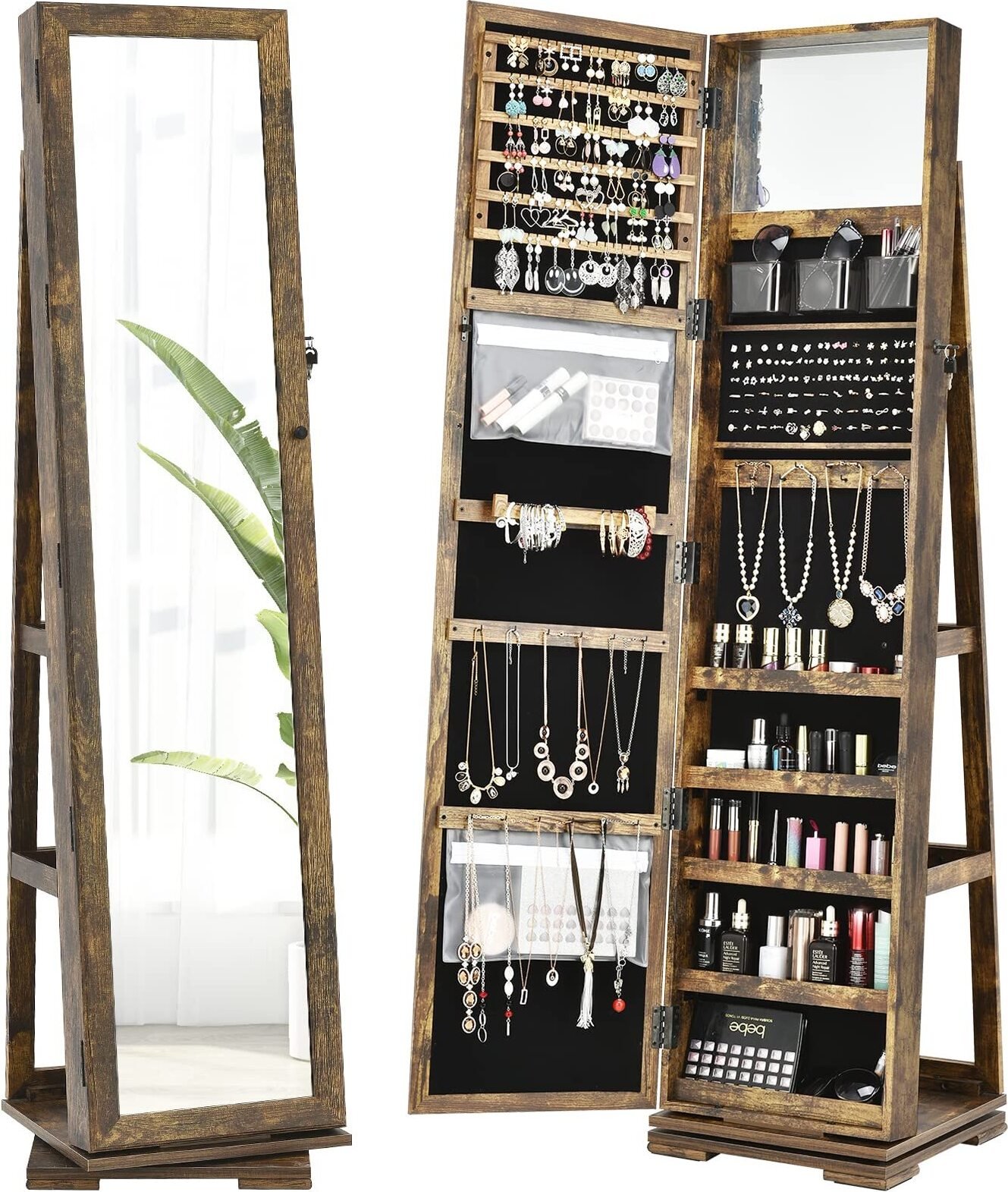 Obrotowa szafka na biżuterię z pełnowymiarowym lustrem, szafka 2 w 1 z wbudowanym lustrem, zamykany stojak na biżuterię (retro)