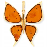 Wisiorki - Motyl z bursztynem - Zawieszka pozłacany motyl duży - koniak - miniaturka - grafika 1