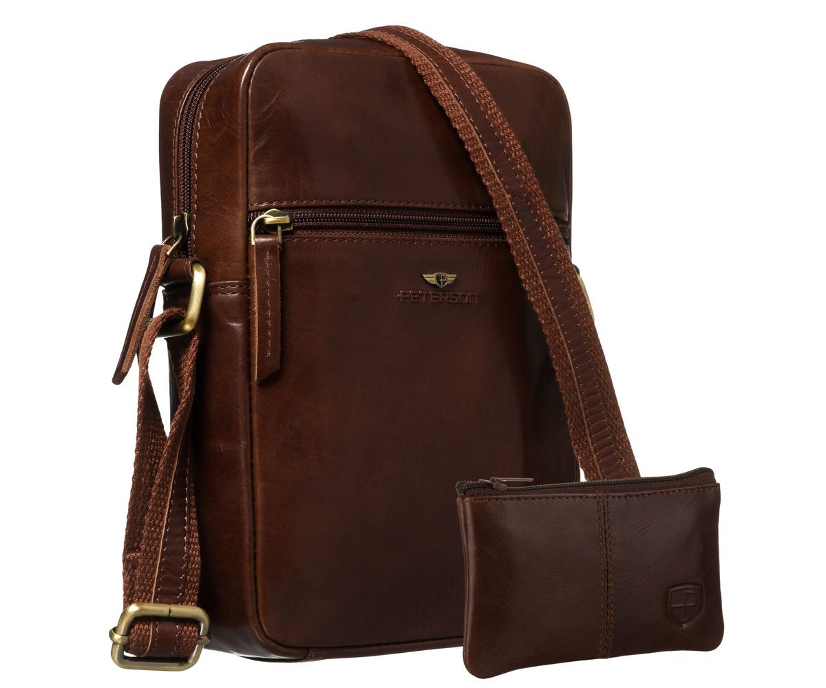 Brązowa torebka męska skórzana PETERSON mała elegancka listonoszka na ramię miejska saszetka na suwak kieszonki na telefon dokumenty + etui na klucze