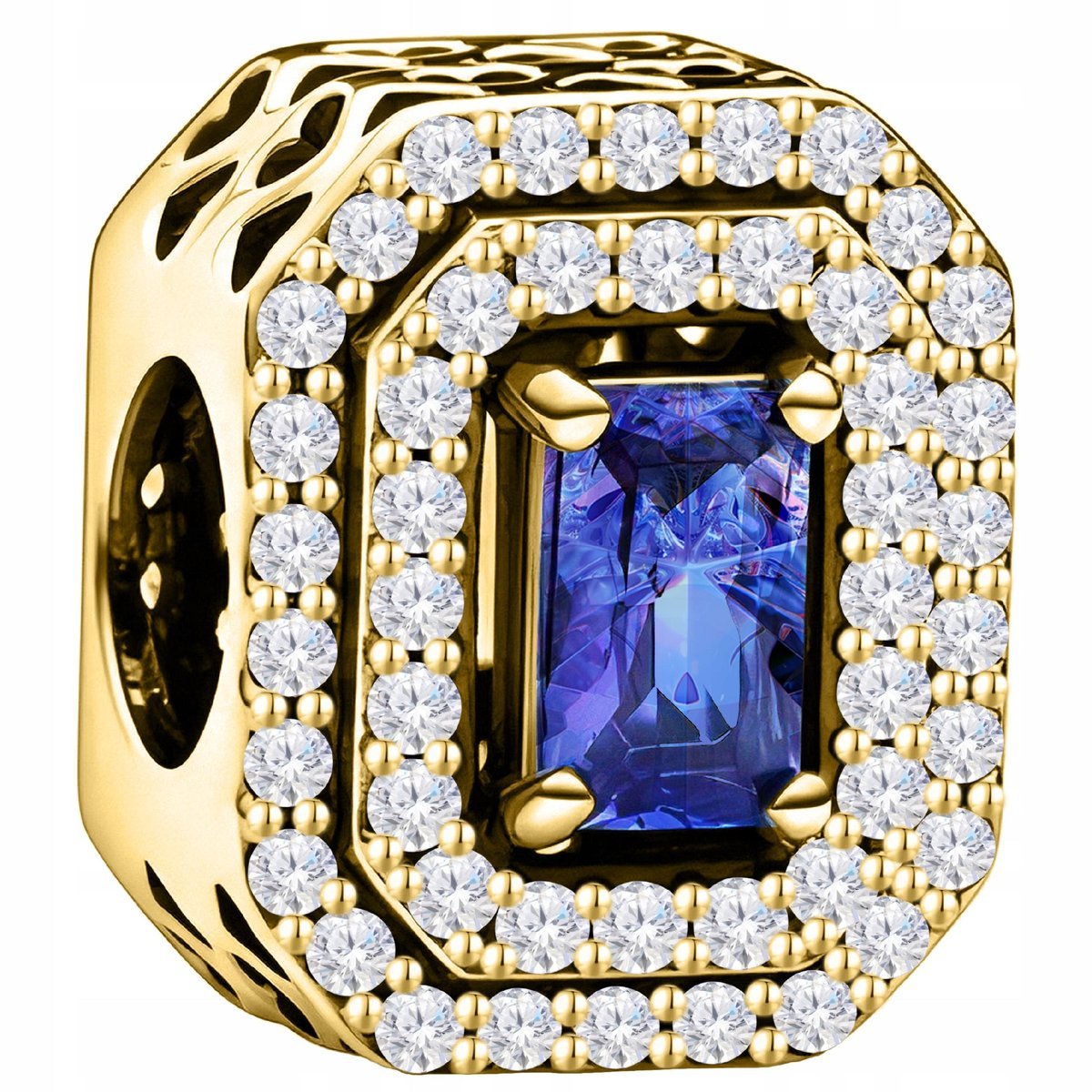 Charms Złoty 925 Niebieski Kryształ Lśniący Szafirowy Koralik z Cyrkoniami