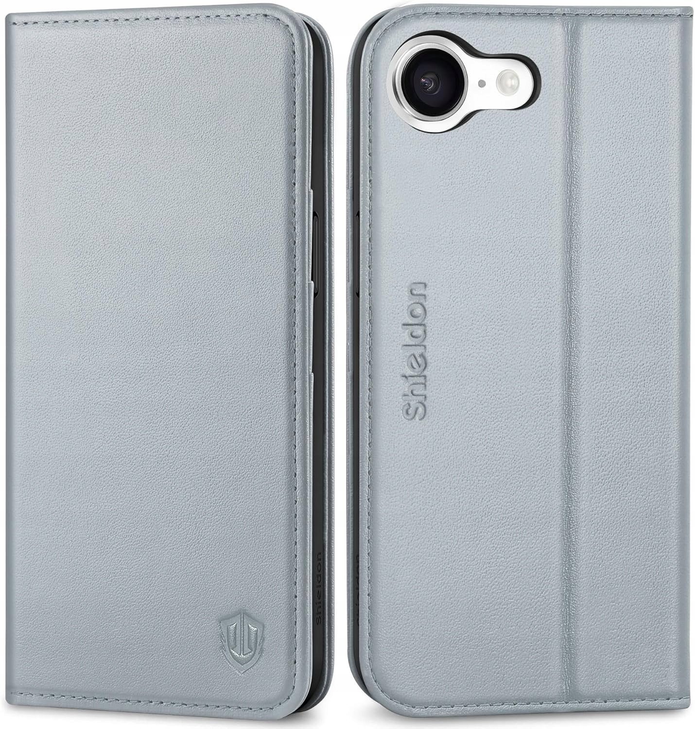 Shieldon naturalne etui skórzane do iPhone 16e portfel Rfid z klapką szare