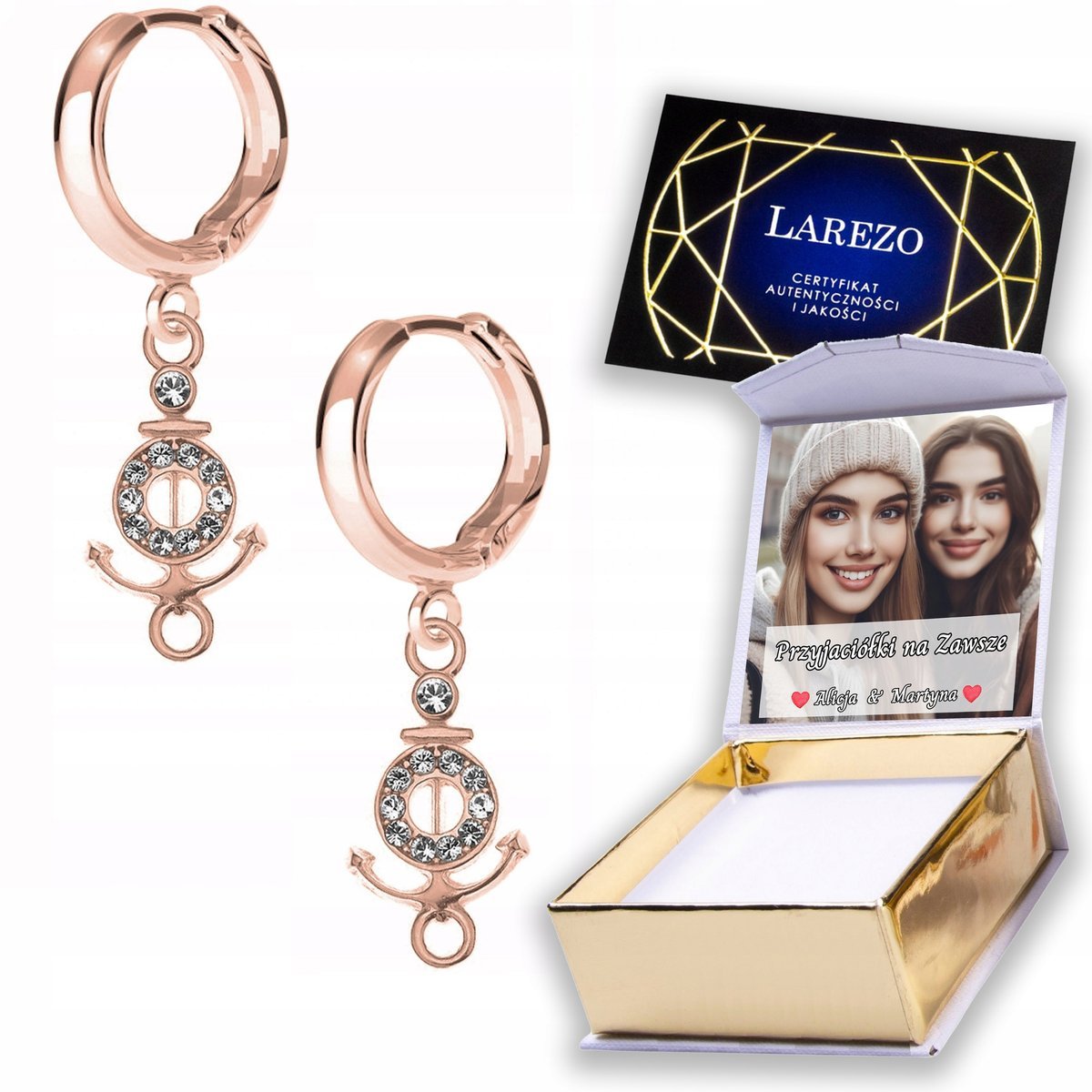 Kolczyki Pozłacane 925 Kotwica Łodź Boat Statek Morze z Cyrkoniami NADRUK