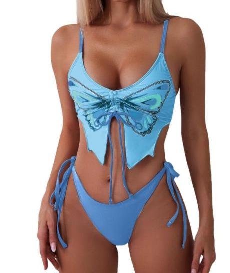 Dwuczęściowy Strój Kąpielowy Błękitny Z Motywem Motyla Sznurowane Bikini S