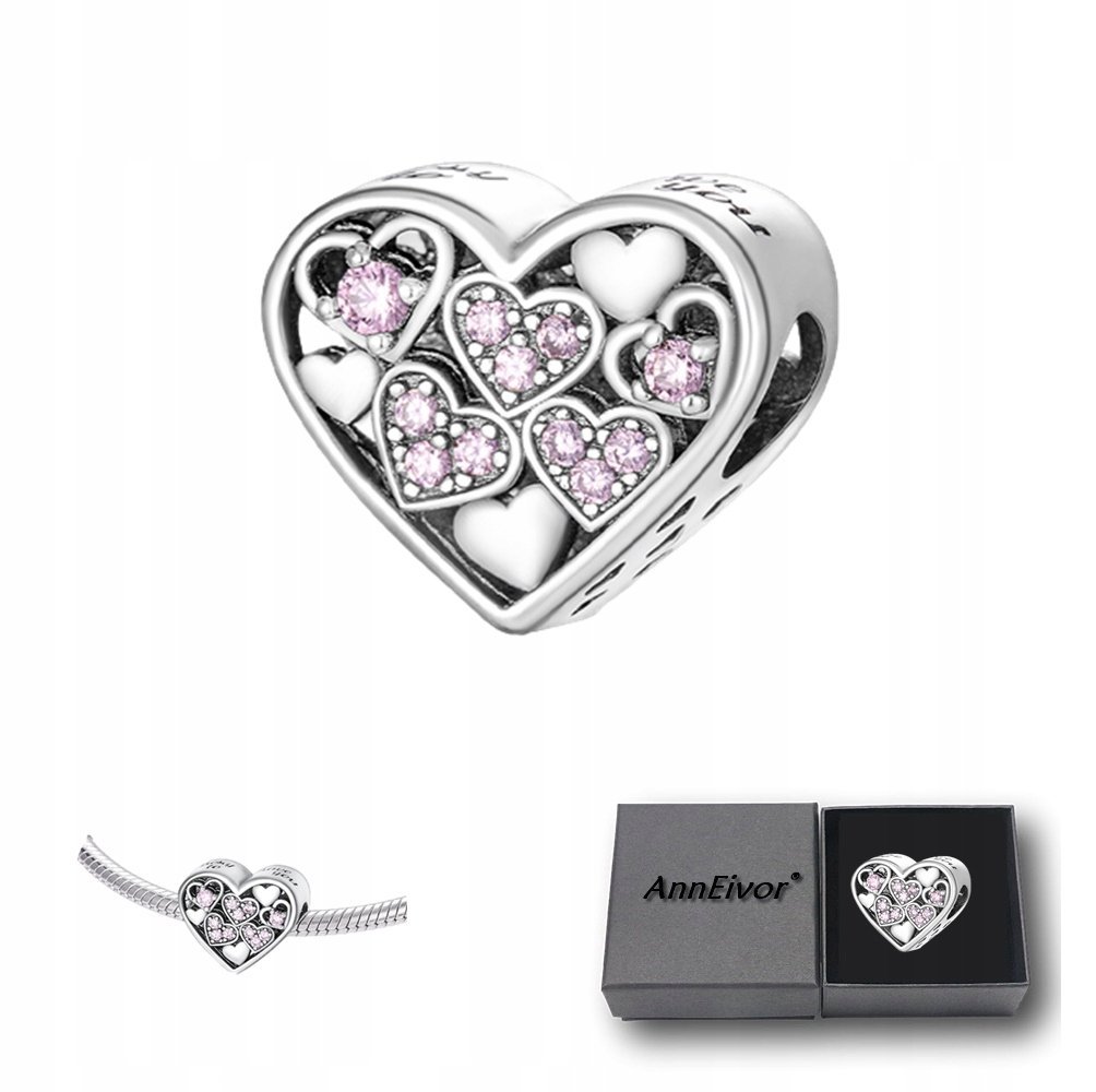 Koralik Modułowy Srebrny S925 Serce Forever & Family Kryształki Na Prezent