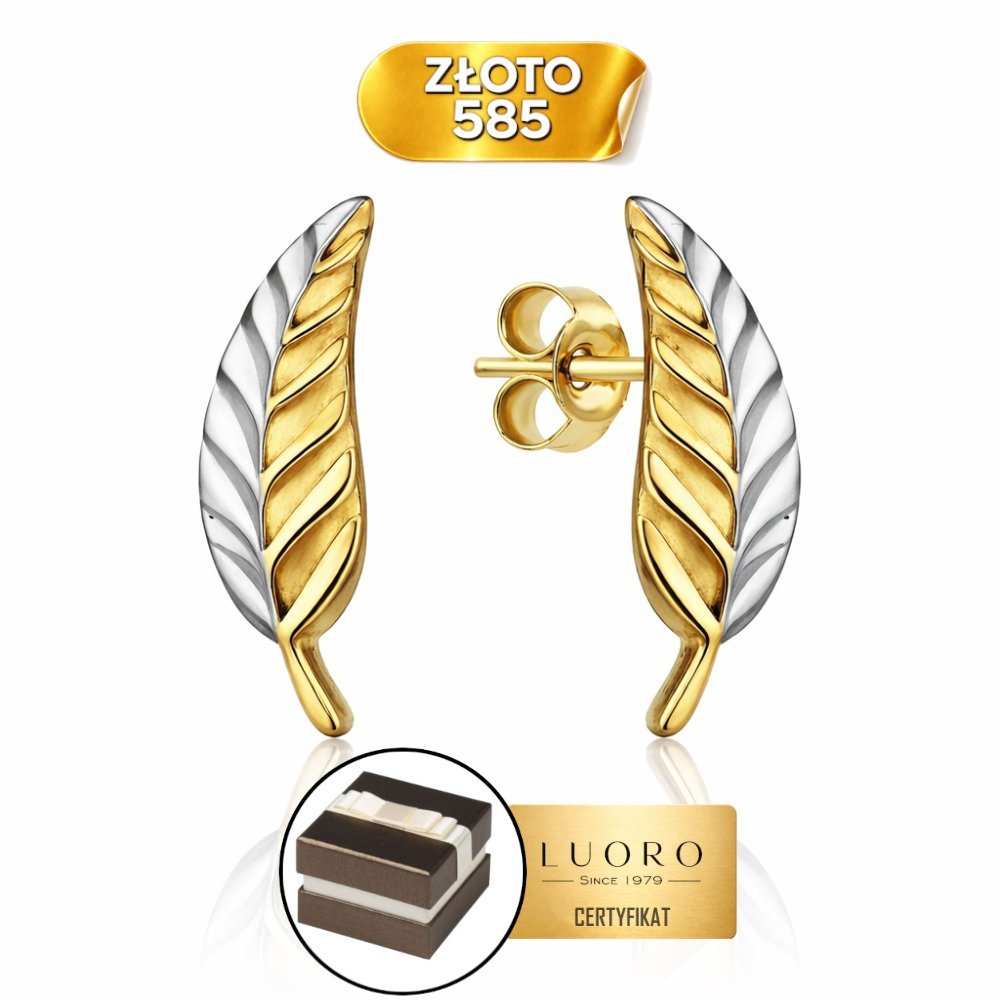 KOLCZYKI ZŁOTE 585 14K LISTEK DWUKOLOROWE DIAMENTOWANE SZTYFT 1,2 CM