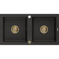 Zlewozmywaki - Mexen Mario zlewozmywak granitowy 2-komorowy 820 x 436 mm, czarny/złoty metalik, syfon złoty - miniaturka - grafika 1