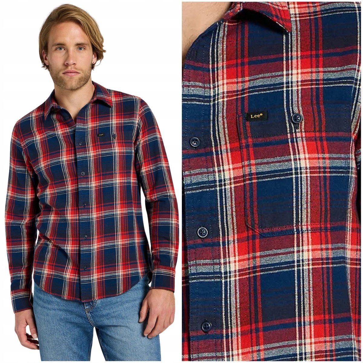 Lee LEESURE SHIRT bawełniana czerwono granatowa koszula w kratę REGULAR XXL