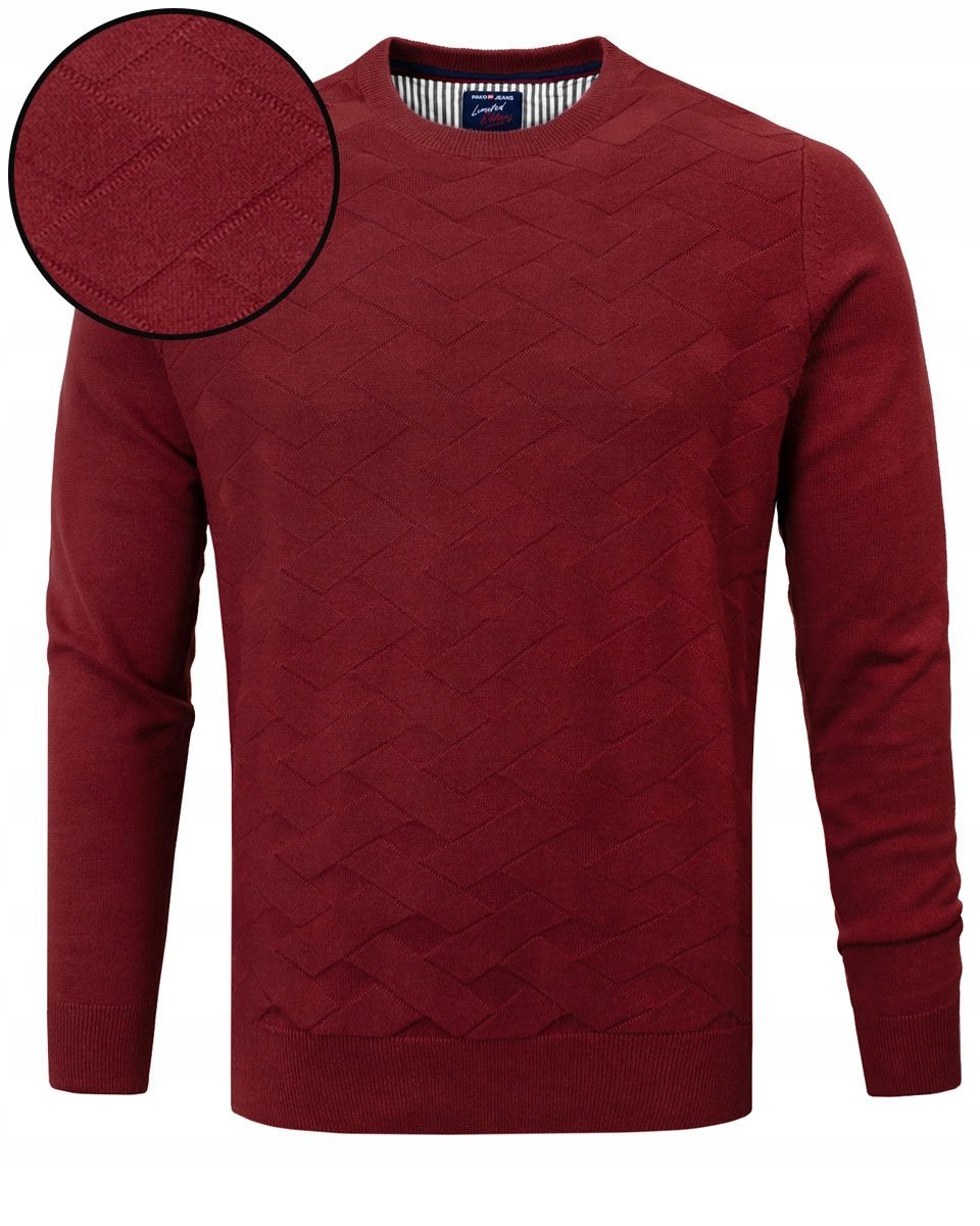 Elegancki SWETER Męski Klasyczny BORDOWY Bawełniany XXL Pako Jeans