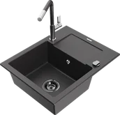 Zlewozmywaki z baterią - Mexen Enzo zlewozmywak granitowy 1-komorowy z ociekaczem i baterią kuchenną Flora, czarny nakrapiany - 6506-76-670401-08-B - miniaturka - grafika 1