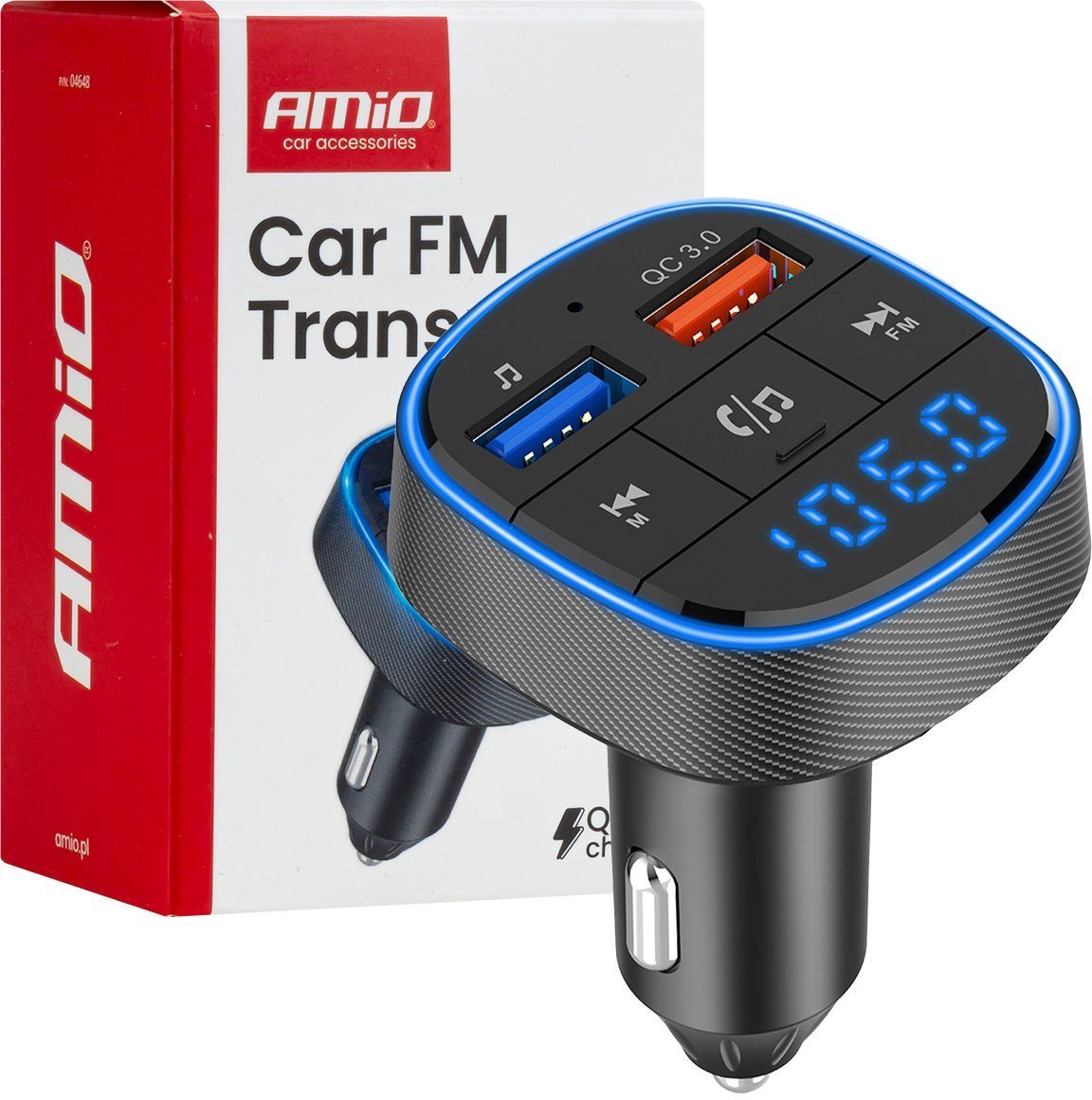 Transmiter samochodowy fm 2×usb-a 12v 24v amio-04648
