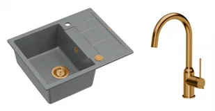 Quadron Unique Zlewozmywak granitowy jednokomorowy 62*50*22 cm z ociekaczem MORGAN 116 SILVER STONE z syfonem Push-2-Open w kolorze miedzianym z baterią INGRID Q LINE kolor miedziany - Zlewozmywaki z baterią - miniaturka - grafika 1