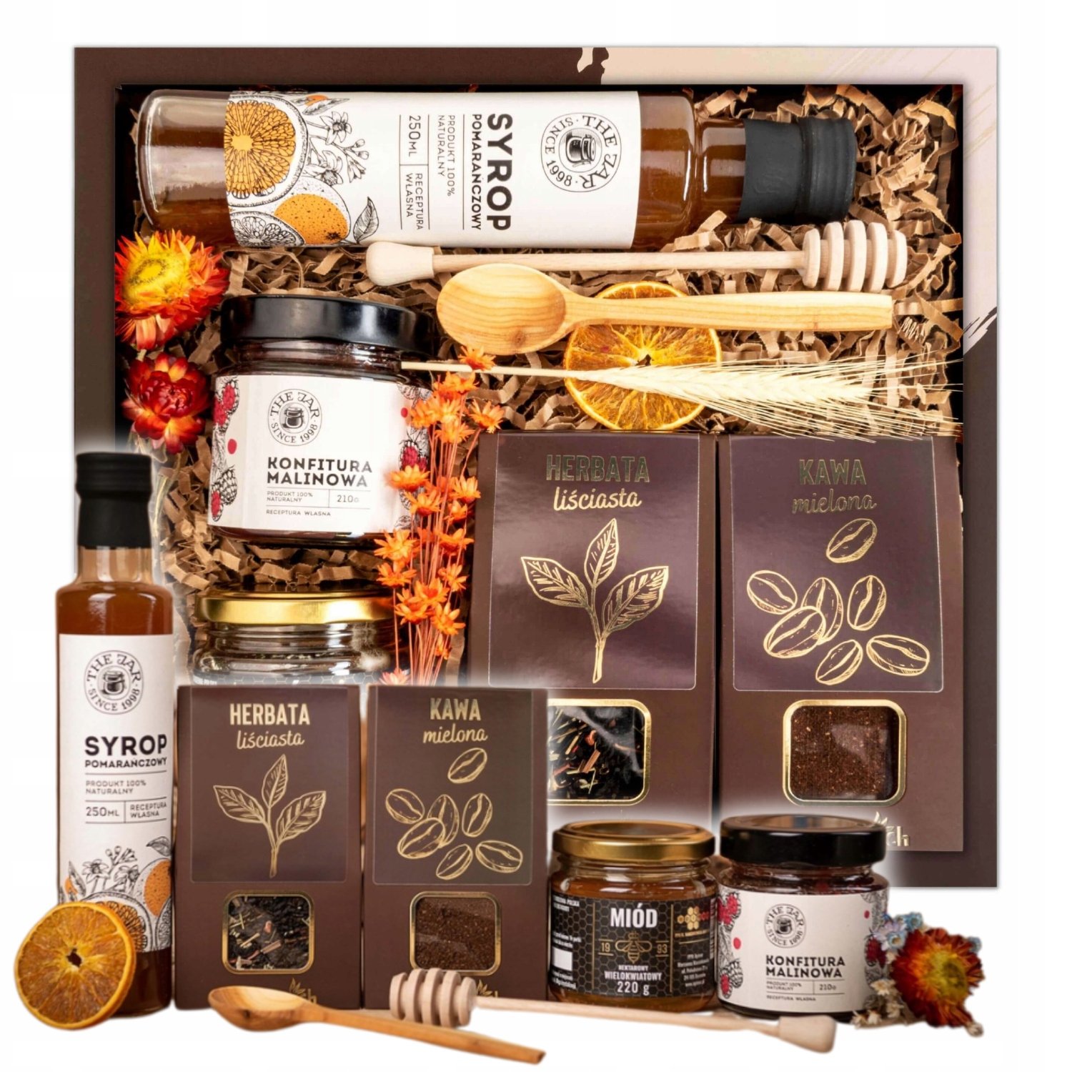 Kosz Prezentowy Naturalny Zestaw Herbata Kawa Syrop Miód Urodziny Rocznica