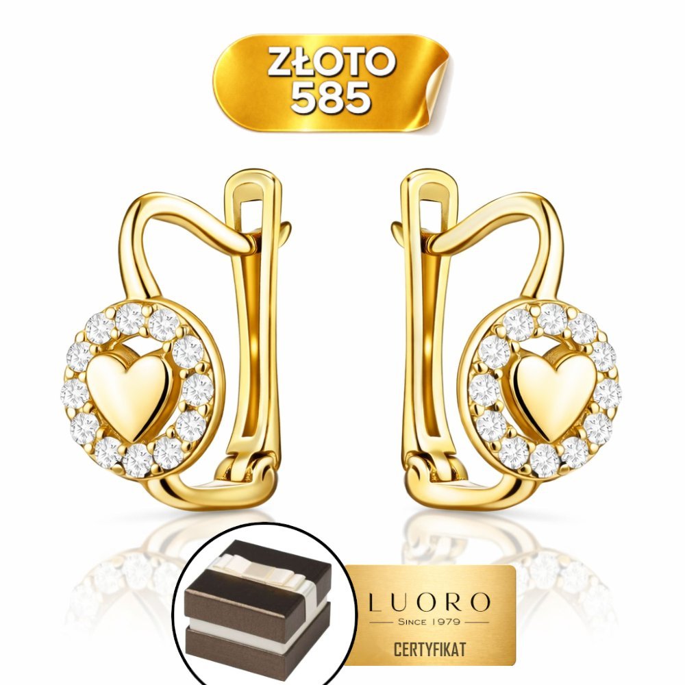 KOLCZYKI ZŁOTE 585 14K SERCA Z CYRKONIĄ ANGIELSKIE ZAPIĘCIE 10 MM