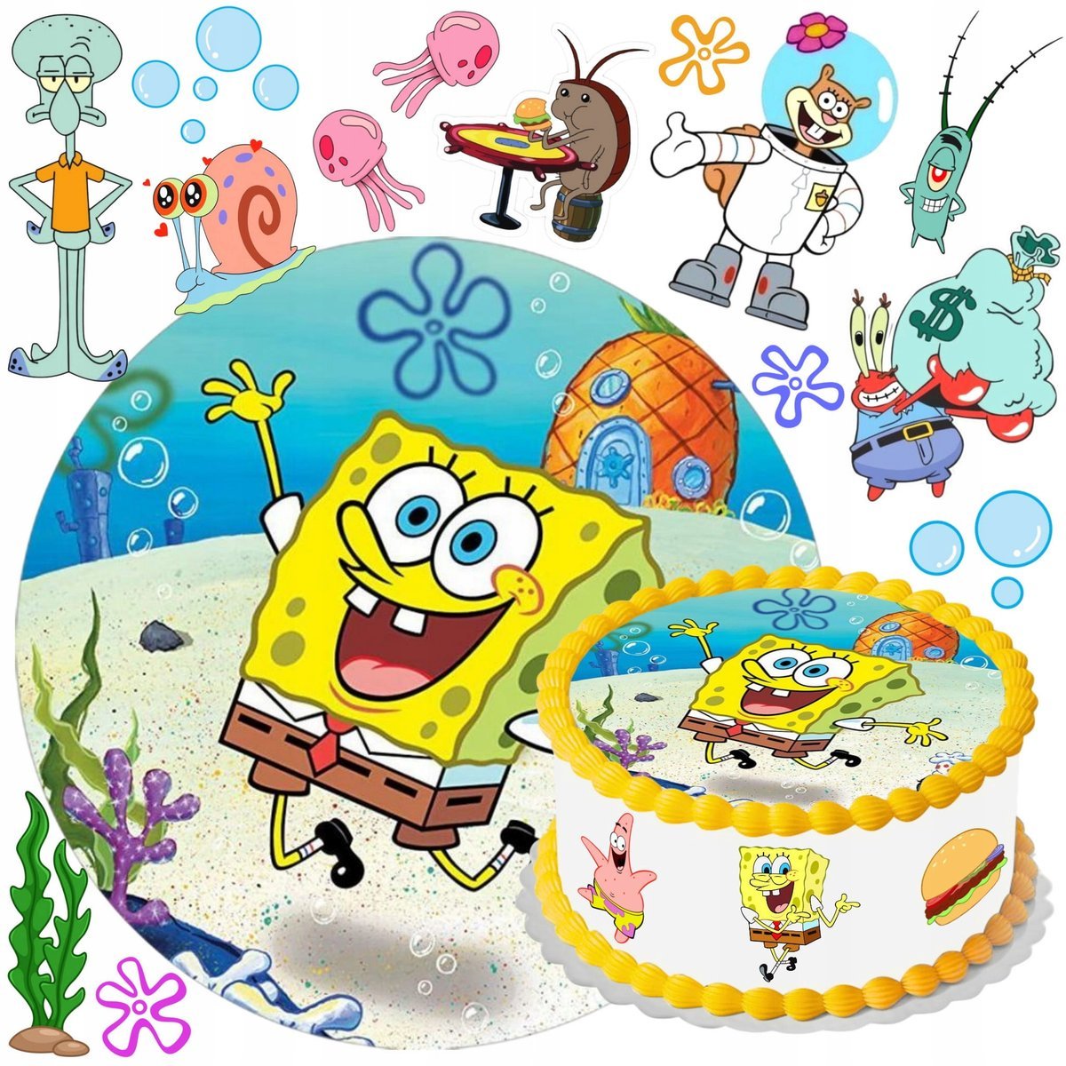 OPŁATEK NA TORT SPONGE BOB + TEKST + POSTACIE JADALNA DEKORACJA