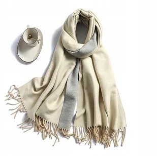 Szal szalik kaszmir 100% kaszmirowy beżowy szary - Apaszki i szaliki damskie - miniaturka - grafika 1