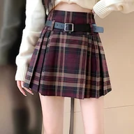 Spódnice - Krótka plisowana spódnica w kratę - Bordowy - miniaturka - grafika 1