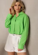 Koszule damskie - Jasnozielona Koszula z Bawełny o Krótkim Kroju Ozdobiona Kieszonką i Troczkiem na Guziki Efille - miniaturka - grafika 1