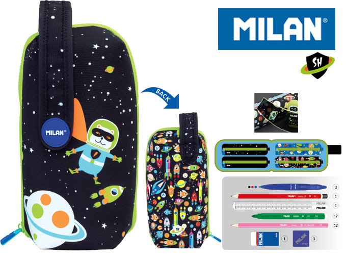 Duży piórnik z wyposażeniem dla dzieci, Milan, Super Heroes kosmos, czarny