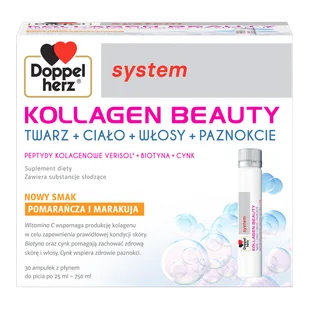 Doppelherz System Kollagen Beauty, smak pomarańcza i marakuja, 25 ml x 30 ampułek - Włosy, skóra, paznokcie - miniaturka - grafika 1