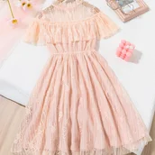 Inne - TEMU Elegancka letnia sukienka z koronką dla dziewczynek - Korejska stylowa sukienka księżniczki z przezroczystym detalem z siatki, dopasowana, z - miniaturka - grafika 1