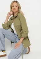 Koszule damskie - Ciemnozielona Bawełniana Koszula z Metalicznymi Guzikami i Ściągaczem w Talii Meprina - miniaturka - grafika 1