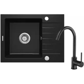 Zlewozmywaki - Deante Zorba Zestaw Zlewozmywak granitowy jednokomorowy 58x44 cm + bateria + syfon czarny mat ZQZAN11A - miniaturka - grafika 1
