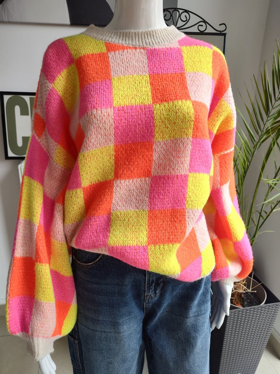 Sweter oversize w kratkę - żółty One size Azara