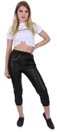 Spodnie damskie - Czarne spodnie z wysokim stanem i ściągaczami - ekoskóra Parisian - miniaturka - grafika 1