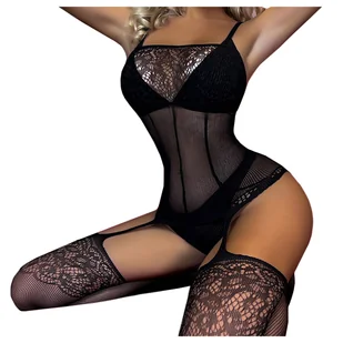 Bodystocking Otwarte Koronka Pończochy Komplet Bielizna Czarne - Komplety bielizny - miniaturka - grafika 1