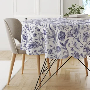 Obrus okrągły SUMMER wzór SM02 | niebieskie szkicowane kwiaty średnica 140 cm - Obrusy i serwetki - miniaturka - grafika 1