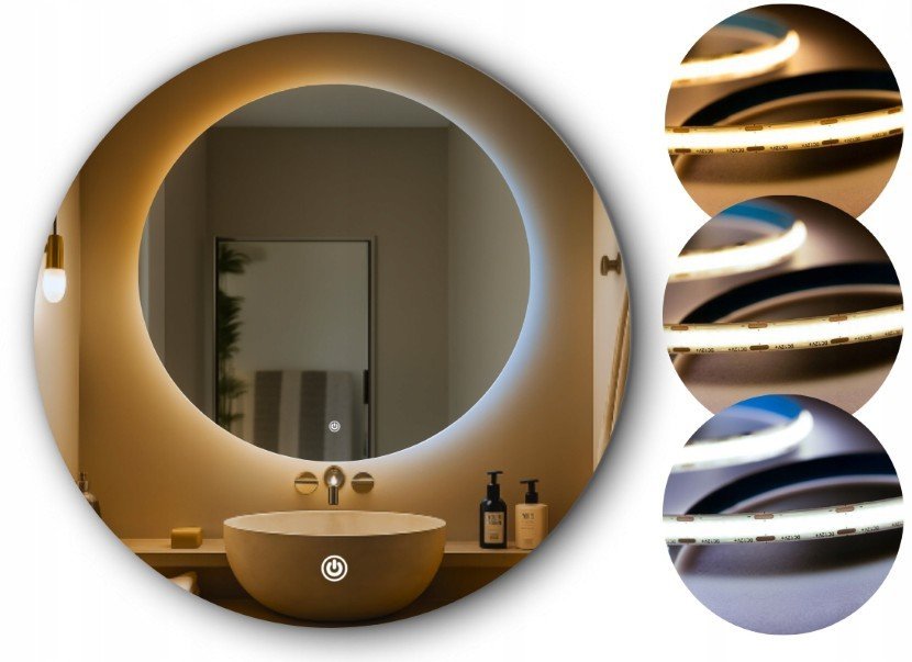 LUSTRO LED 90 cm COB 608 diod/m ~ 3 BARWY ~ OKRĄGŁE PODŚWIETLANE + WŁĄCZNIK