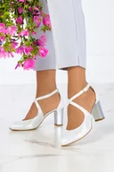 Czółenka - Srebrne czółenka skórzane damskie błyszczące na słupku z paskami na krzyż PRODUKT POLSKI Casu 391-41 - miniaturka - grafika 1