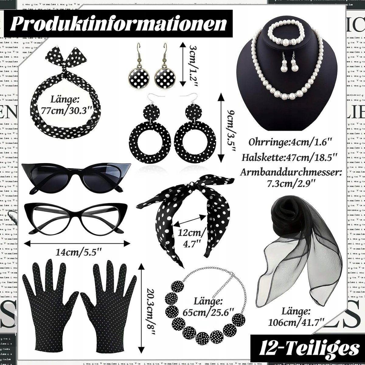 12-częściowy KOSTIUM LATA 50 STRÓJ NA HALLOWEEN DLA KOBIET VINTAGE CZARNY