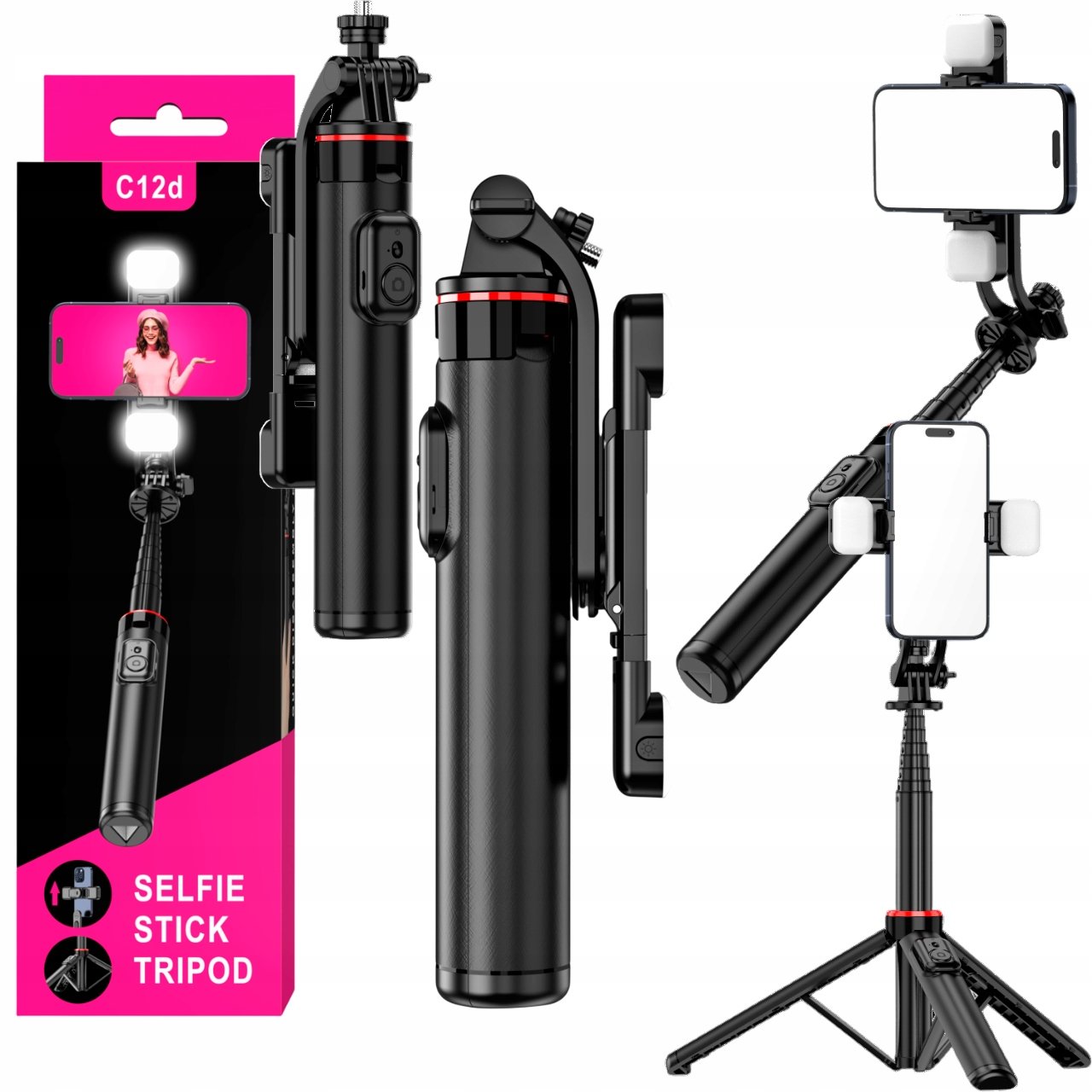 Uchwyt Kijek Do Selfie Na Telefon Stick Tripod Statyw Bluetooth 2 Lampy Led