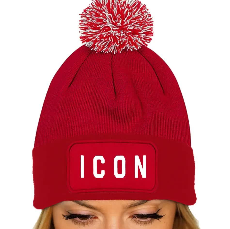Czerwona Czapka Zimowa Z Pomponem ICON Ciepła Na Prezent Wzory