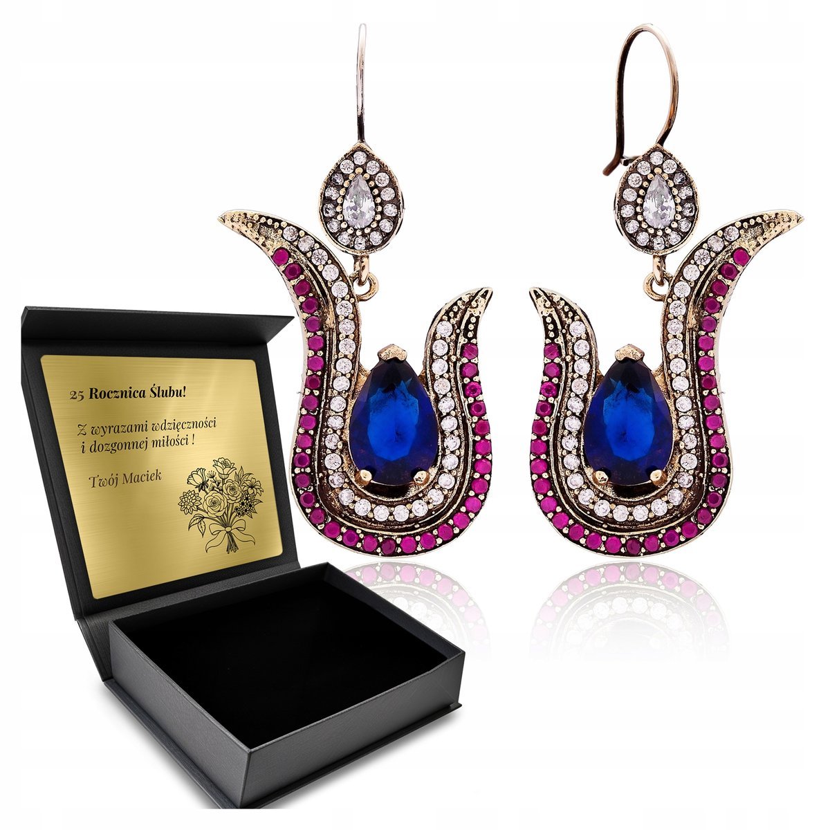 Kolczyki Srebrne 925 Cyrkonie Szafir Biżuteria Dla Kobiety + Grawer