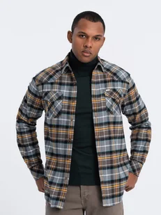Męska flanelowa koszula w kratę z kieszeniami - szaro-żółta V1 OM-SHCS-0149 - Ombre Clothing - Koszule męskie - miniaturka - grafika 1